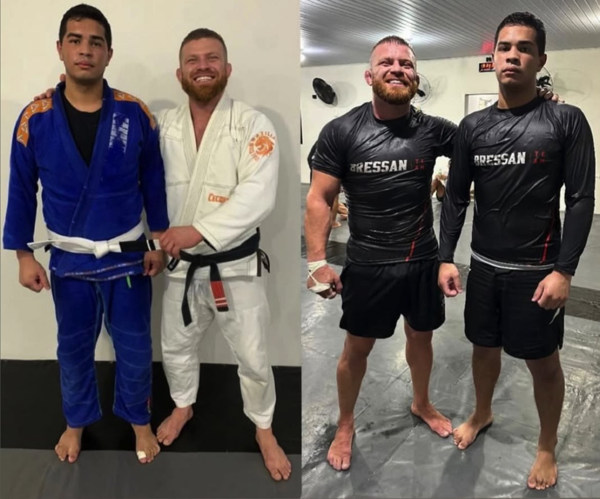Aluno antes e depois de perder 12 kg, ao lado do Patrique